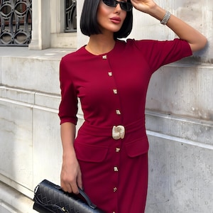 Belted Midi Sheath Dress: Elegant Button Front Office Wear