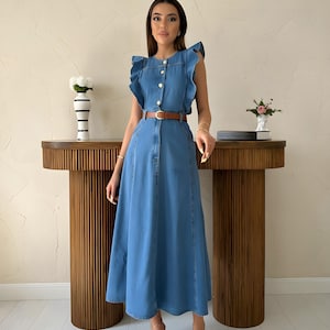 Denim midi-jurk in vintagestijl | Mouwloze zomerjurk met knopen voor dames | Casual blauwe jeansjurk met riem | Stijlvolle jeans maxi-jurk met riem