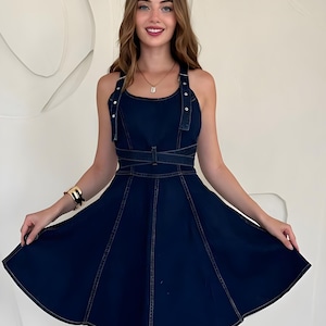 Dark Navy Denim Pinafore Dress: Vintage Style Overall Jumper