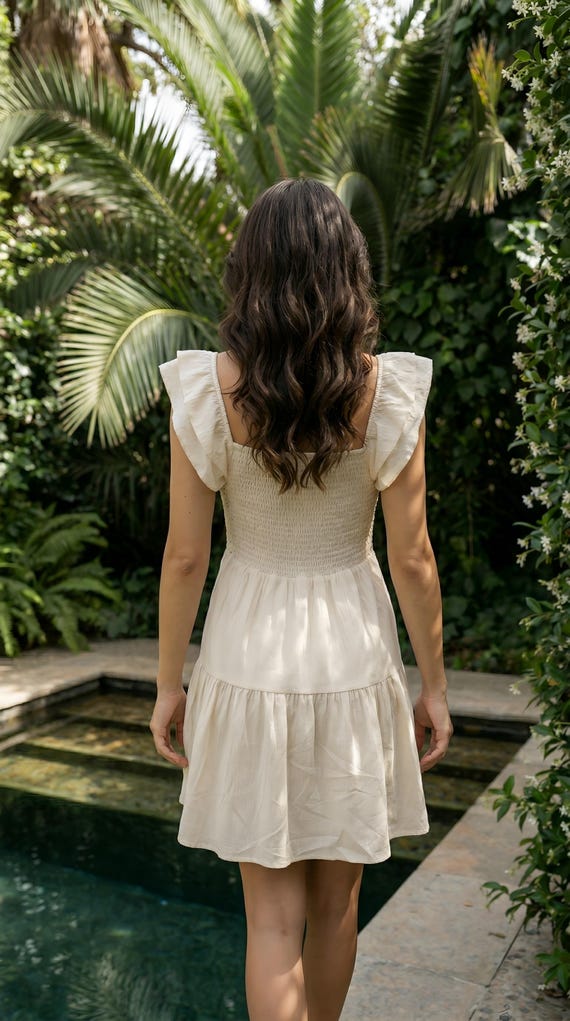 cream boho mini dress Ivory Crochet Lace Bodice | Ruffle Sleeve | Tiered Summer | Cottagecore Sundress print detailing give it
