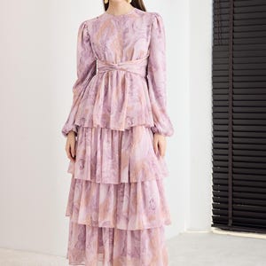 Elegant Chiffon Midi Dress | Floral Print Dress | Romantic Vintage Style Puff Sleeve Dress | Wedding Guest Party Dress