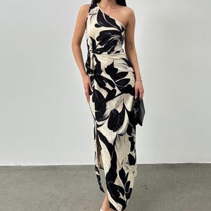 Jacquard One-Shoulder Midi Dress: Botanical Print Cocktail Dress