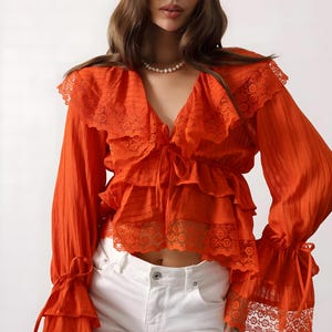Orange Lace Ruffle Blouse: Boho Vintage Style Long Sleeve Top