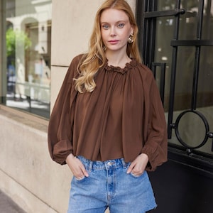 Women Boho Peasant Blouse | Gathered Neckline Balloon Sleeves Cotton Top | Vintage Inspired Bohemian Shirt | Bishop Sleeves Romantic Blouse