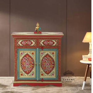 Hand-Painted Mango Wood Chest of Drawers: Traditional Indian Floral Side Table