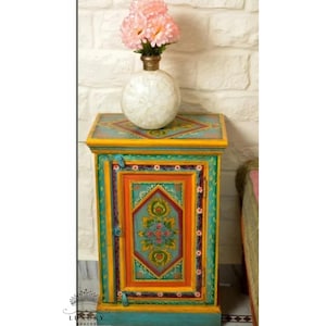 Chevet/rangement latéral/armoire en bois peint à la main floral indien | Table de chevet, table d'appoint, peinte à la main, grande armoire en bois/armoire vintage