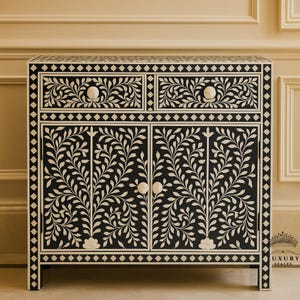 Floral Bone Inlay Cabinet: Black Entryway Sideboard with Drawers