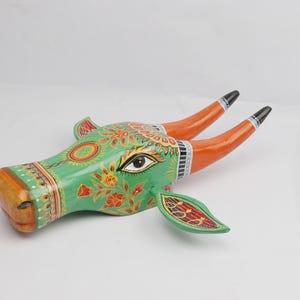 Large Wooden Painted Cow Head: Ethnic Indian Wall Decor