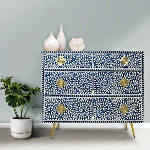 Bone Inlay Furniture Sideboard Unit. Bone Inlay Chest of 6 Drawer , 6 Drawer Dresser, Bone Moroccan Inlay 6 Drawers Chest of Drawers,