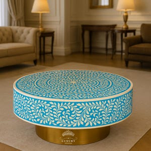 Wooden Blue  Round Coffee Table/Bone Inlay Coffee Table/Wooden Center Table/Bone Inlay Table/Floral Centre Table, Bone Inlay Cocktail Table.