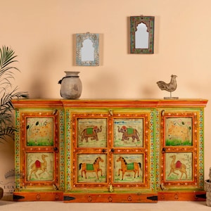 Asura - Buffet peint à la main en bois de récupération de style vintage/Rangement latéral/Armoire | Table de chevet, table d&#39;appoint, peinte à la main, / armoire vintage.