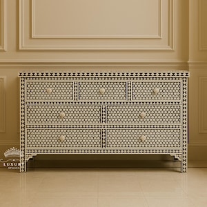 Handmade Bone Inlay Dresser: Black Honeycomb 7-Drawer Chest