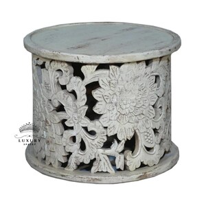 Mesa de tambor central tallada artísticamente hecha a mano en madera, mesa de muebles rústicos, mesa vintage india, hermosa mesa de cóctel, mesa de corte lateral