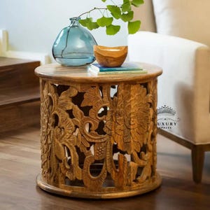 WOODEN COFFEE TABLE Carving Coffee Table Rustic Round Coffee Table for Farm House Wood Cocktail Table Handmade wooden carving table.