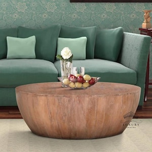 MESA DE CENTRO DE MADERA Mesa de centro de barril Mesa de centro redonda rústica para casa de campo Mesa de cóctel de madera Mesa de tambor de madera hecha a mano.
