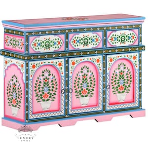3 portes et tiroirs peints en bleu et rose / Rangement latéral / Armoire | Table de chevet, table d&#39;appoint, peinte à la main, grande armoire en bois/armoire vintage.