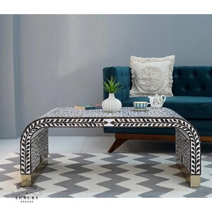 Mesa de consola moderna con incrustaciones de madera hecha a mano, mesa de entrada para pasillo, mesa para computadora portátil, mesa de centro con cascada, mesa de centro, mesa de cóctel con incrustaciones de madera