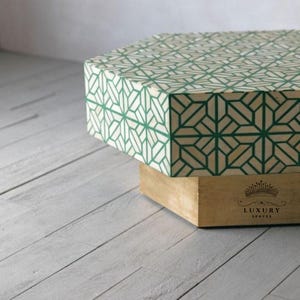 Mesa de centro con incrustaciones de hueso hexagonal, hecha a mano, geométrica, de madera, con incrustaciones de hueso, de centro, de madera