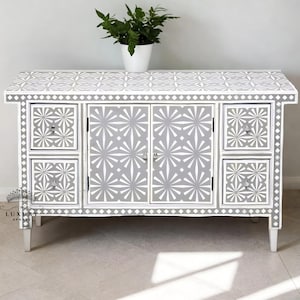 Wooden Handmade Bone Inlay Sideboard | Bone inlay 4 Drawer 1 Door Dresser/Storage Cabinet | Bone Inlay Sideboard Snow In Grey.