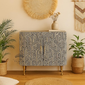 Handmade Bone Inlay Cabinet: Vintage Bohemian Storage Console