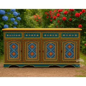 Armoire indienne florale en bois peinte à la main, 4 portes et rangement latéral/tiroir | Table de chevet, table d&#39;appoint, peinte à la main, grande armoire en bois.