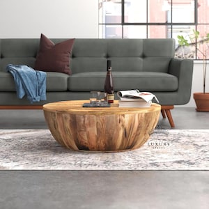 MESA DE CENTRO DE MADERA Mesa de centro de barril Mesa de centro redonda rústica para casa de campo Mesa de cóctel de madera Mesa de tambor de madera hecha a mano.