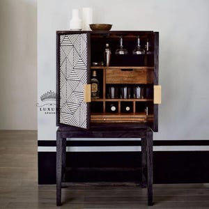 Handmade Bone Inlay Bar Cabinet: Geometric Storage Console