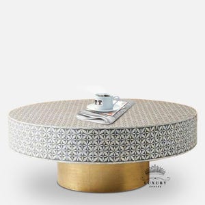 Mesa de centro de madera con incrustaciones de hueso/Mesa de centro redonda/Mesa central de madera/Mesa con incrustaciones de hueso/Mesa central floral azul/Mesa de cóctel con incrustaciones de hueso.