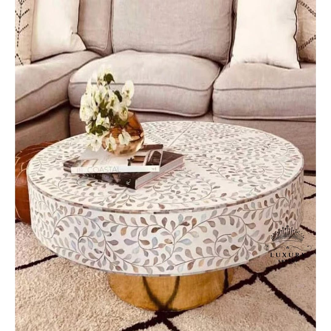 Round Coffee Table, Mother of Pearl INLAY TABLE, Floral Design Centre ...