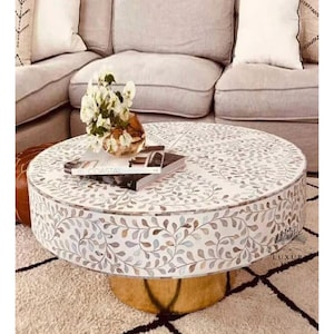 Table basse ronde, TABLE incrustée de nacre, table de centre au design floral, table basse en nacre incrustée, mobilier de luxe moderne.