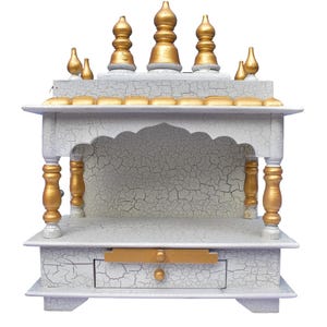 Handmade White & Golden Wooden Pooja Mandir - Wall Hanging Hindu Prayer Altar