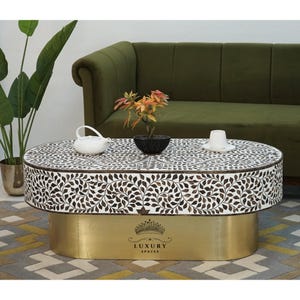Mesa de centro ovalada con incrustaciones de hueso de madera, mesa de centro negra, mesa para computadora portátil, mesa con incrustaciones de madera, mesa de centro con diseño floral, mesa de cóctel de madera.