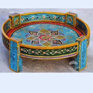 Hand-Painted Indian Rosewood Chakki Table: Bohemian Coffee Table