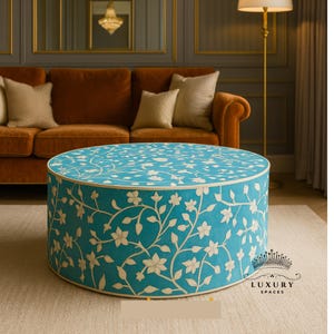 Wooden Bone Inlay Coffee Table/Center Table/Bone Inlay Table/Round Coffee Table/Floral Blue Centre Table/ Bone Inlay Cocktail Table.
