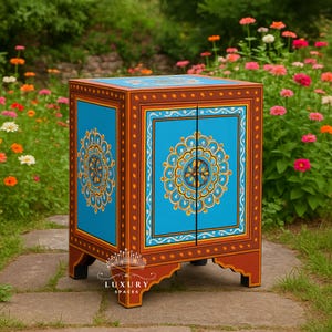 Table de chevet en bois peint / Table de chevet peinte à la main / Table de chevet / Table de chevet indienne peinte / Table de chevet peinte.