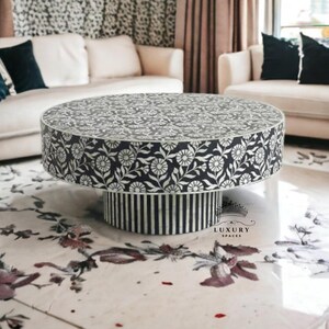 Mesa de centro floral negra hecha a mano con incrustaciones de hueso, mesa de centro, mesa de centro redonda con incrustaciones de hueso, mesa de cóctel