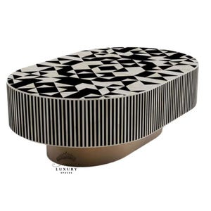 Mesa de centro de madera ovalada, mesa de centro con incrustaciones de nácar y hueso, mesa de cóctel con incrustaciones de nácar, muebles modernos de lujo, mesa de centro