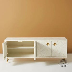 Bone Inlay Optical Design Media Cabinet White/Bone Inlay Optical Design Media Console/Bone Inlay Storage Unit/wooden furniture/bone console.