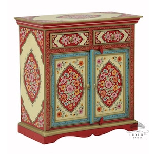 Hand Painted Mango Wood Chest of Drawers: Traditional Indian Side Table