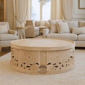 WOODEN COFFEE TABLE Barrel Coffee Table Rustic Round Coffee Table for Farm House Wood Cocktail Table Handmade wooden drum table.
