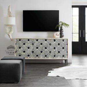 Bone Inlay Bone Optical Design Media Console/Media Cabinet, Bone Inlay Flower Entertainment Credenza White  Finish  Bone Inlay Storage Unit.