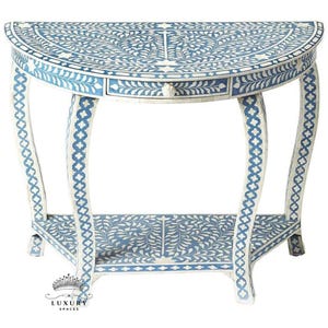 Mesa consola con incrustaciones de hueso hecha a mano, MESA CON incrustaciones de hueso, Mesa de centro semicircular, Mesilla de noche con diseño floral, Mesa de cóctel con incrustaciones de hueso