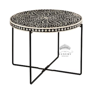 Mesa de centro de madera con incrustaciones de hueso/Mesa de centro redonda/Mesa central de madera/Mesa con incrustaciones de hueso/Mesa central floral azul/Mesa de cóctel con incrustaciones de hueso.