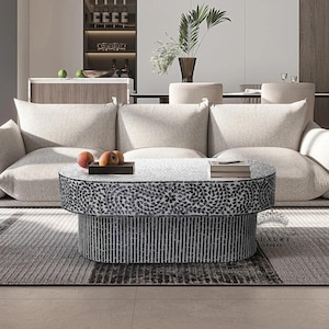 Mesa de centro ovalada hecha a mano en nácar, mesa con incrustaciones de hueso, mesa de centro, mesa de cóctel con incrustaciones de nácar, muebles de lujo.