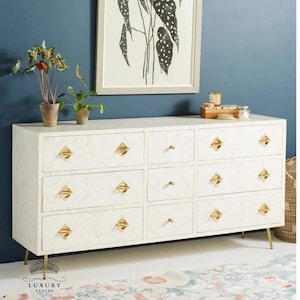 Optical Bone Inlay Sideboard: 9-Drawer Dresser, Handmade Storage Unit