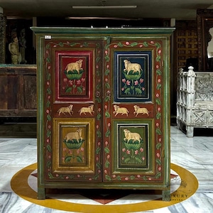 Armoire ethnique indienne antique en bois peinte à la main, buffet en bois vintage - Charme rustique pour votre maison | Table d&#39;entrée | Placard de rangement