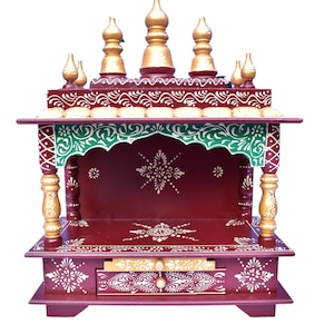Handmade Wooden Pooja Mandir: Brown Open Temple Shrine, Wall Hanging