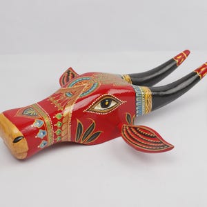 Large Wooden Painted Cow Head: Ethnic Indian Wall Decor