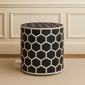 Handmade Bone inlay Round black stripe Design stool| Tribal Bone Inlay Stool in Brown | sofa side Table, Modern Luxury Furniture.