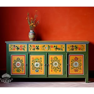 Buffet Pankhuri vert et jaune / Rangement latéral / Élément de rangement | Table de chevet, table d&#39;appoint, peinte à la main, grande armoire en bois/armoire vintage.